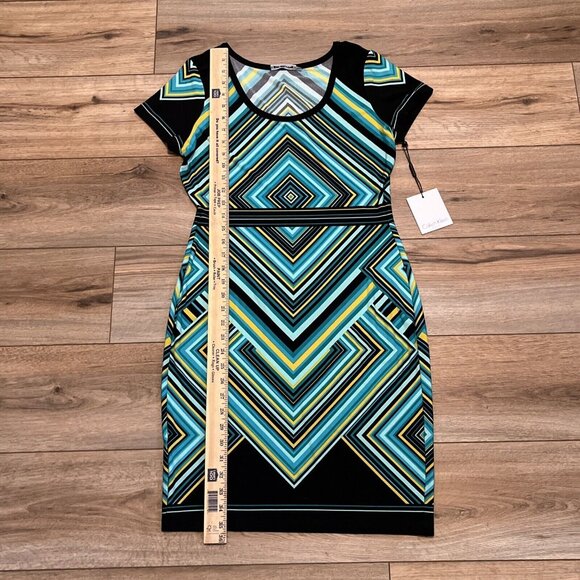 Calvin Klein Sheath Dress SZ 6 Pullover Stretch Turquoise Yellow Short Sleeve - Picture 4 of 11